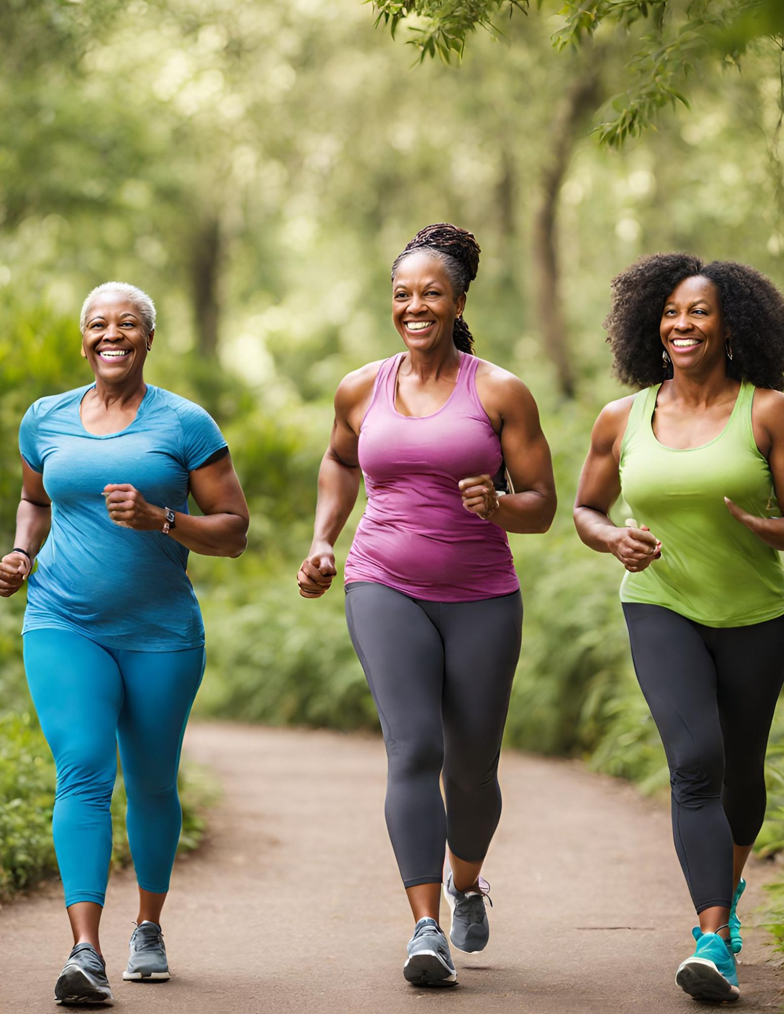 Three happy, healthy black women outdoors walking.