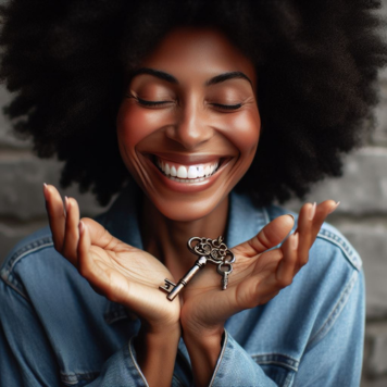 Black woman holding a key in both hands