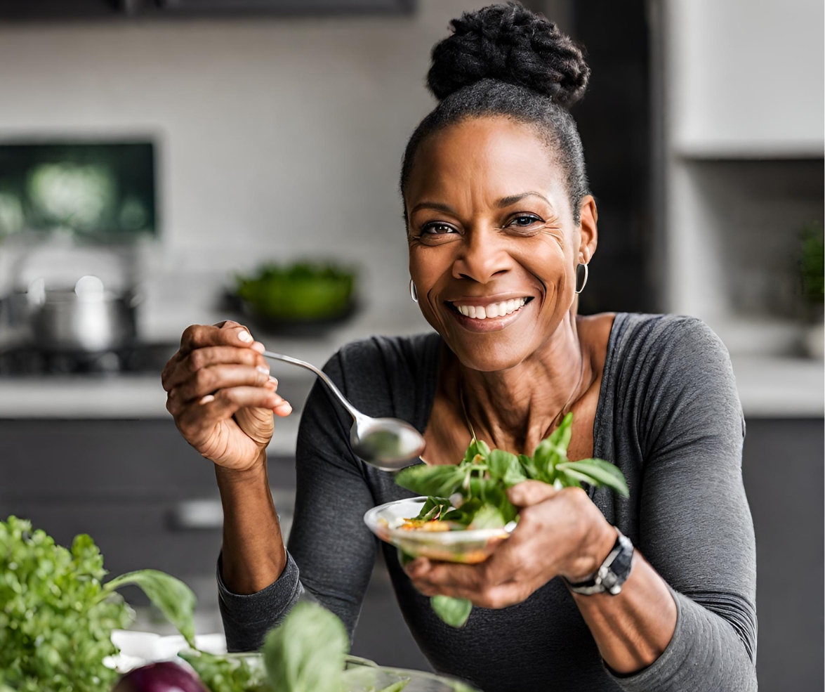 Mature black women eating plant-based meal