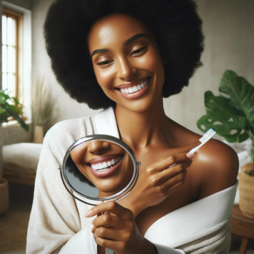 Black woman smiling in mirror with tooth brush in her hand