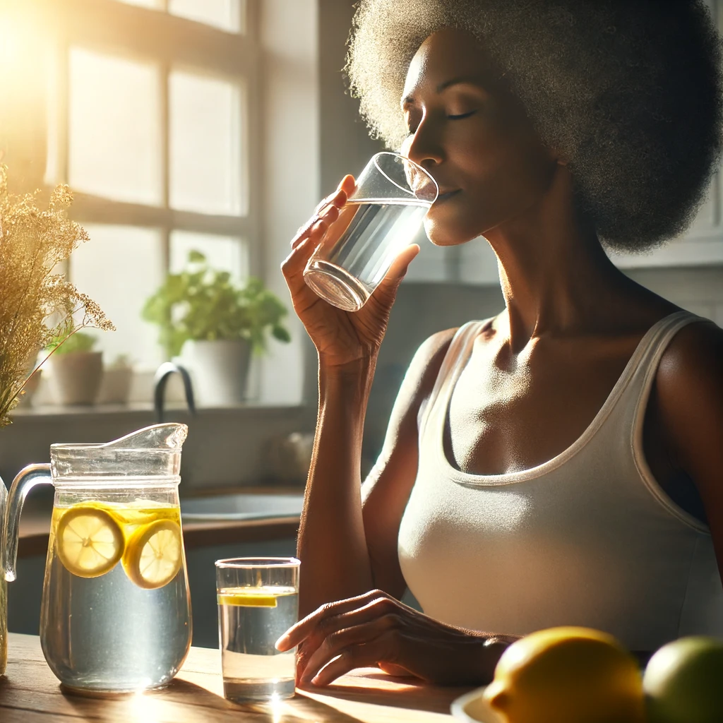 Middle age black woman drinking a glass of water