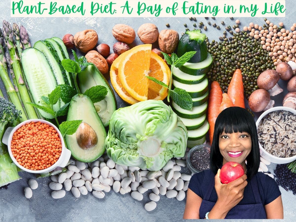 Picture of plant-based food with an African American woman in the picture holding an apple.