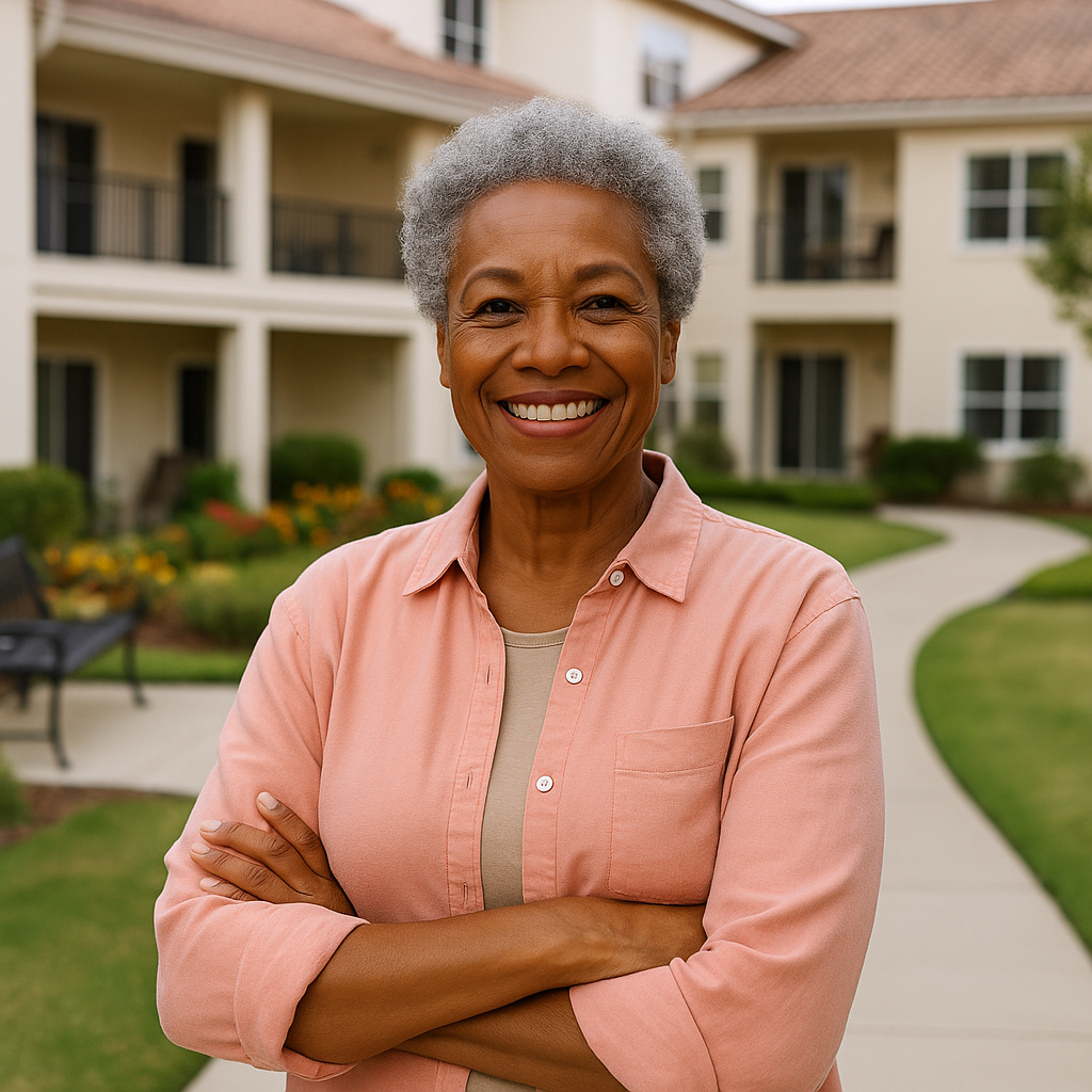 Smiling Black senior woman outside affordable senior housing community.