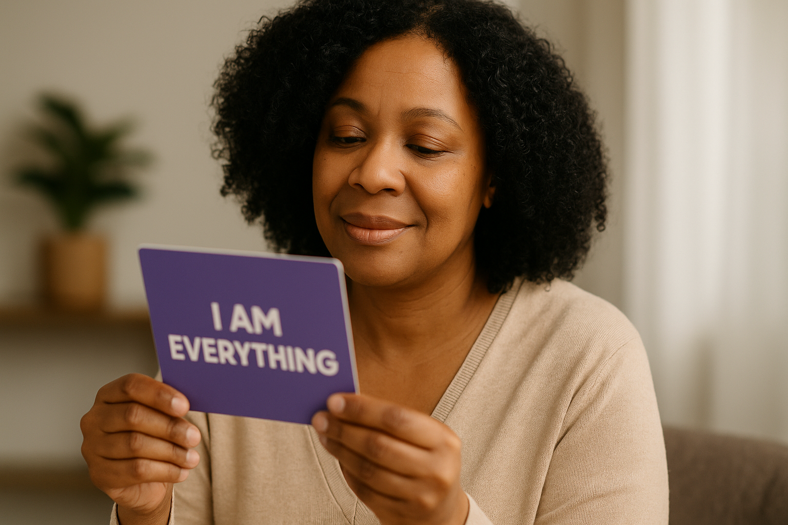An African American woman holding an affirmation card that says, "I Am Everything"