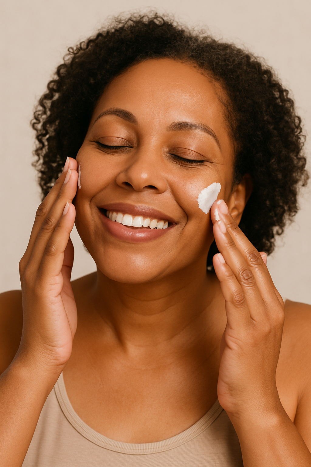 A black woman applying creme to her face, she's smiling, with eyes closed