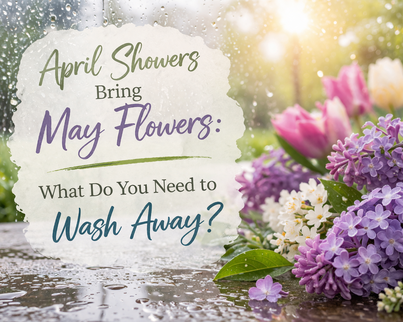 An image with flowers and a puddle of water, with the text, "April Showers Bring May Flowers: What Do You Need to Wash Away?